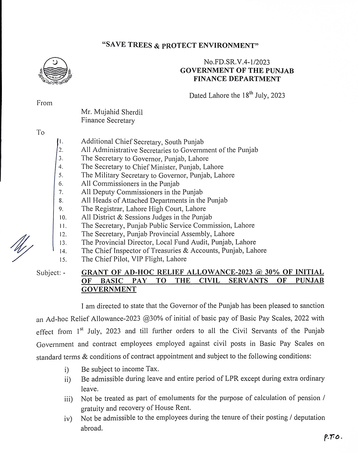 Notification Adhoc Relief Allowance 2023 Punjab @ 30% Initial Basic Pay