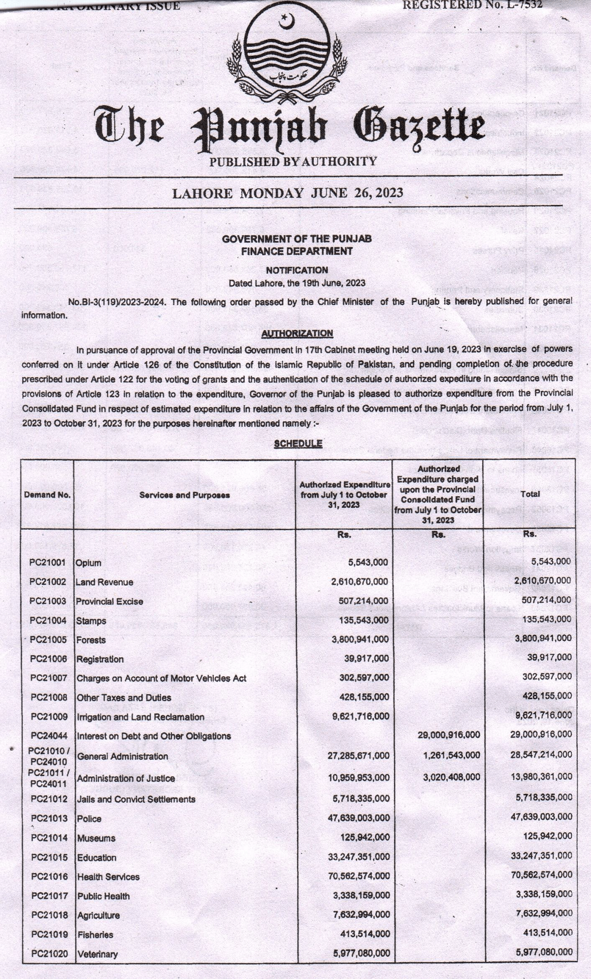 Approval of Expenditures from the Provincial Consolidated Fund Punjab