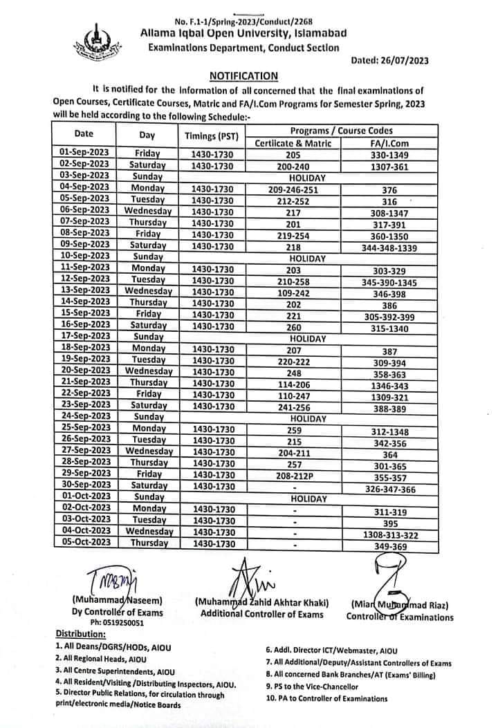 AIOU Final Exams Date Sheet Semester Spring 2023