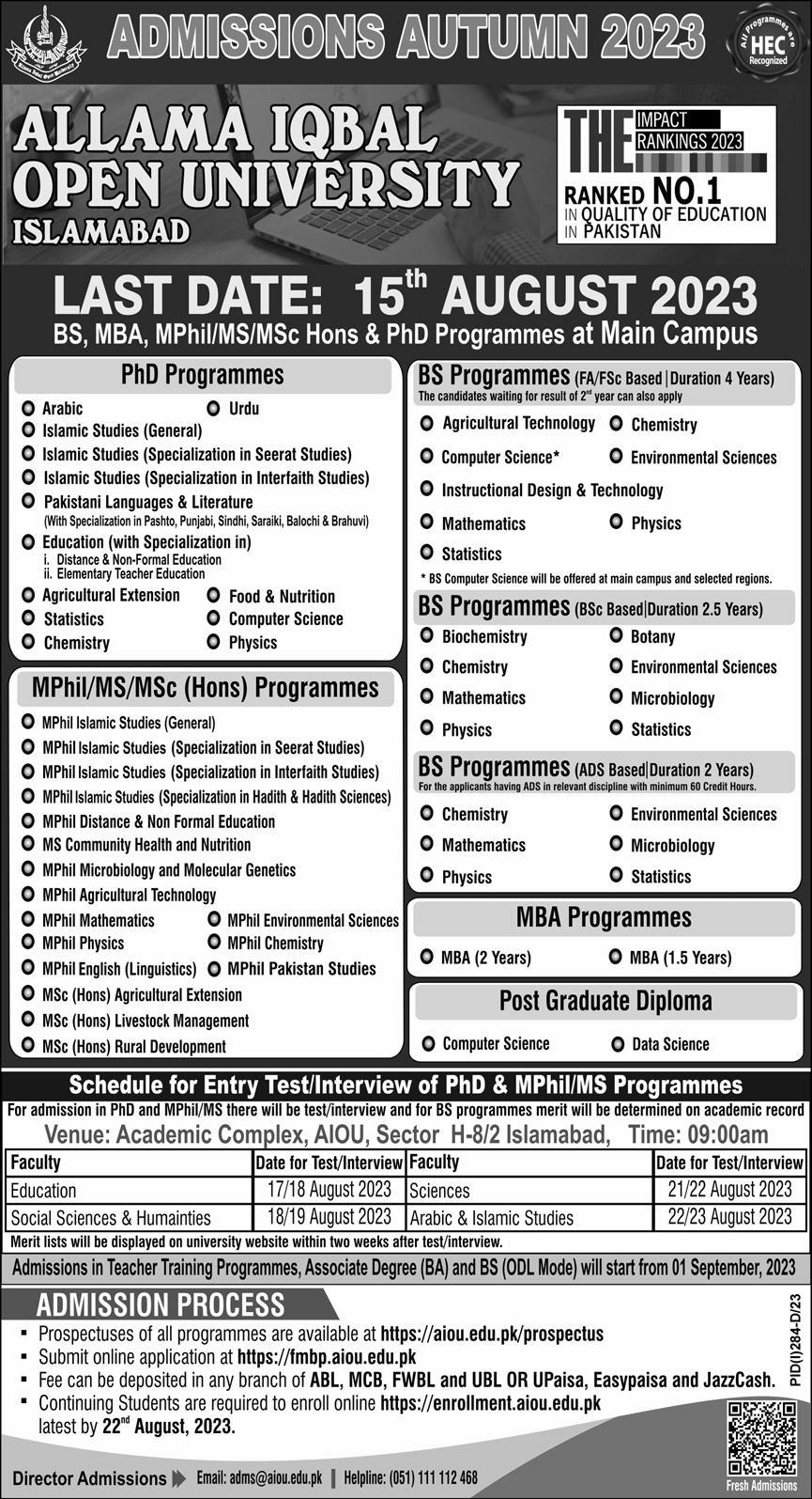 AIOU Islamabad Admission Open Fall Semester 2023