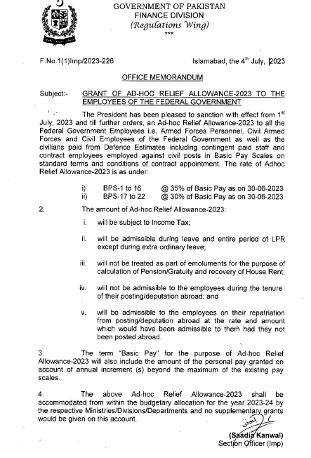 Notification Adhoc Relief Allowance 2023 @ 35% & 30% Federal 