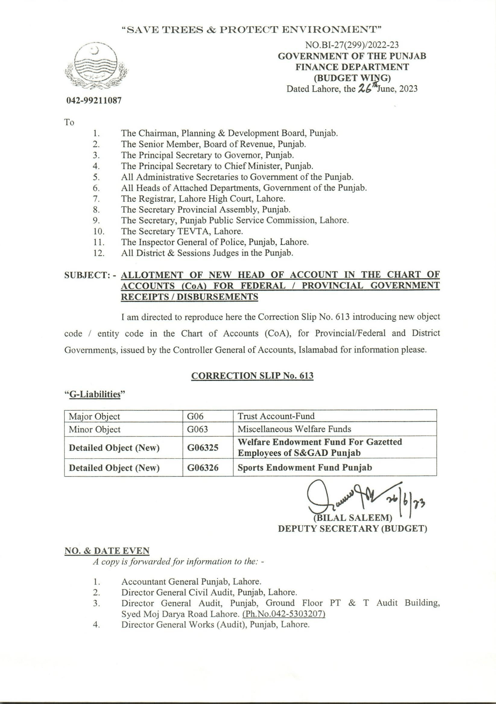 Allotment of New Head of Accounts in the Chart of Accounts for Federal Provincial and District Government