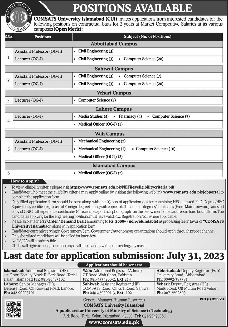 COMSATS University Islamabad New Vacancies July 2023