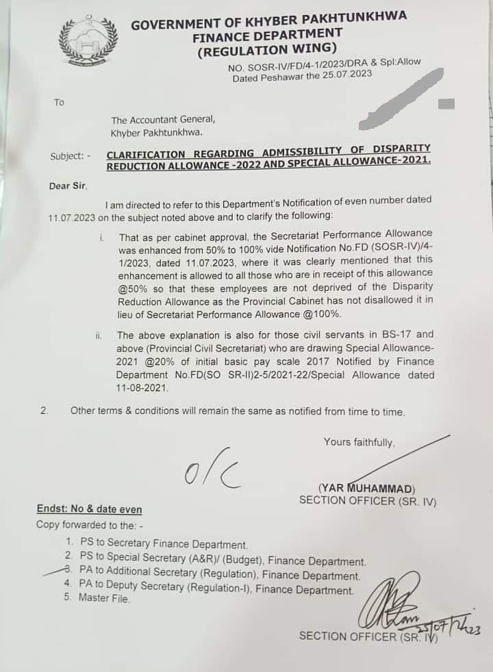 Clarification Admissibility of DRA 2022 Special Allowance 2021 KP