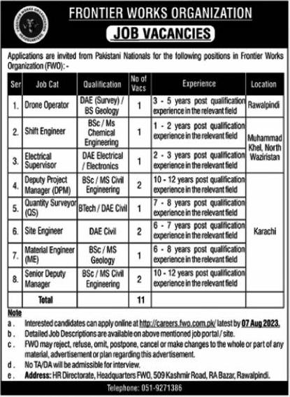 Frontier Works Organization (FWO) Latest Vacancies 2023