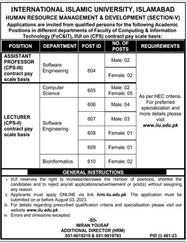 IIU Islamabad Latest Vacancies July 2023