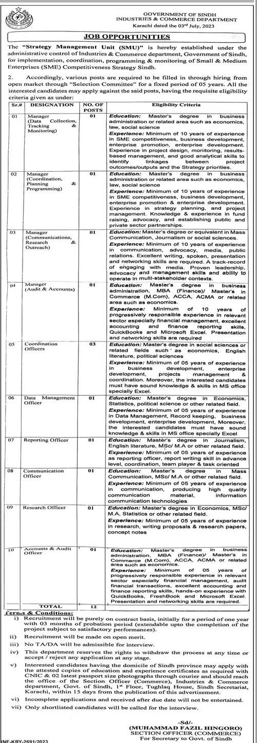 Industries and Commerce Department Govt of Sindh Vacancies July 2023