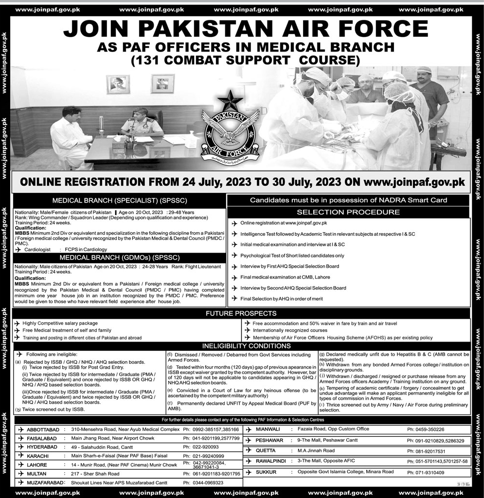 Join Pakistan Air Force as PAF Officers in Medical Branch 131 Combat Support Course 2023