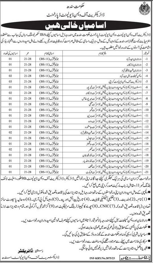Junior Clerk BPS-11 Job Vacancies in Women Development Department Sindh