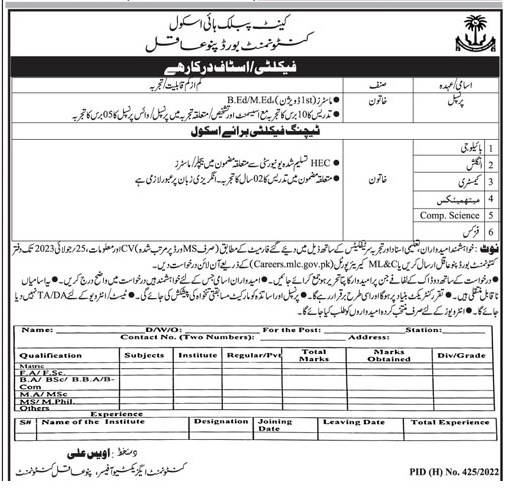 Latest Teaching Vacancies 2023 in Cant Public High Pannu Aaqil