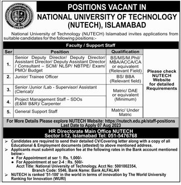 Latest Vacancies in NUTECH July / Aug 2023