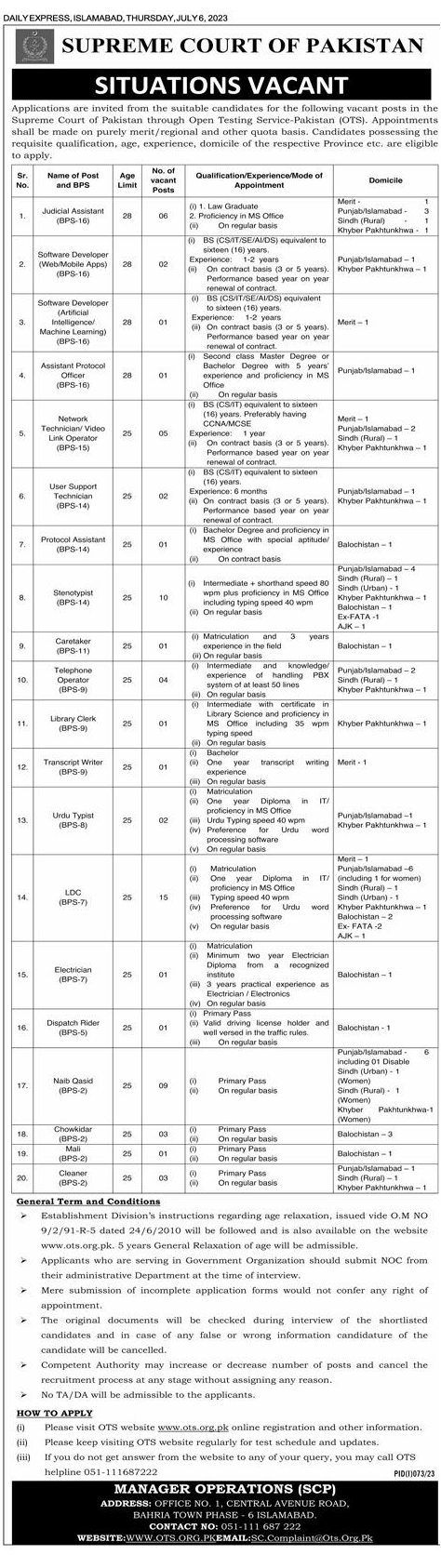 Latest Vacancies in Supreme Court of Pakistan (SCP) July 2023