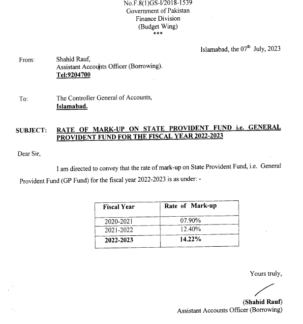 Notification New Mark-up Rates of General Provident Fund (GP Fund) 2022-23