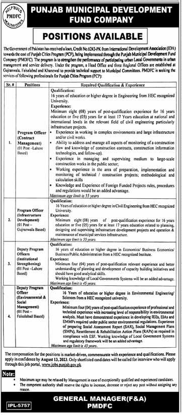 New Vacancies in Punjab Municipal Development Fund Company July 2023