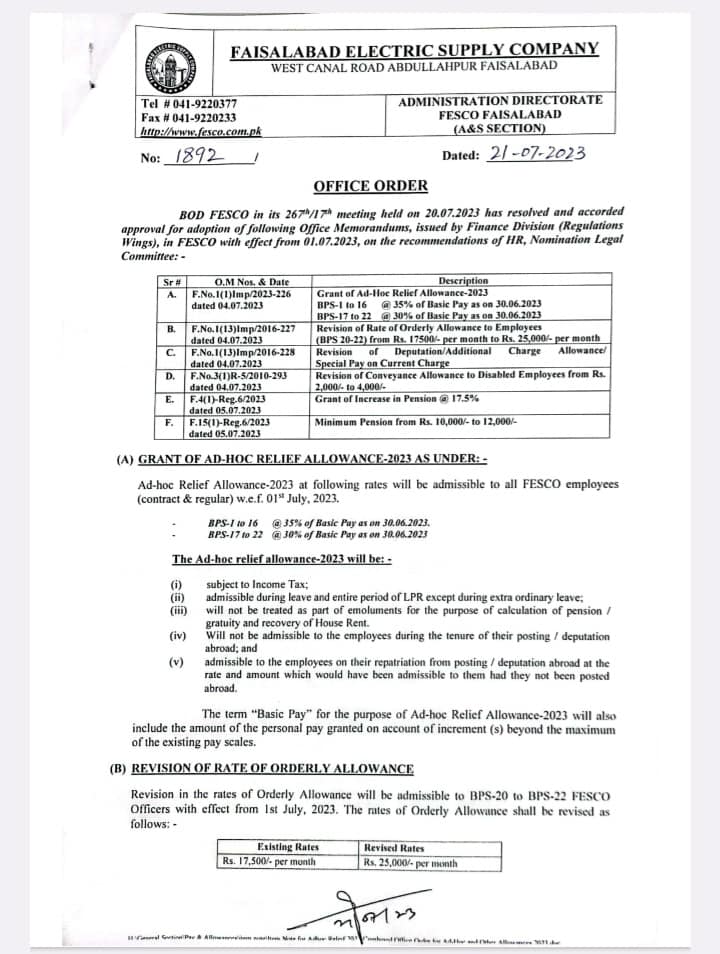 Notification ARA-2023 @ 35% 30%, Pension @ 17.5% and Other Allowances FESCO