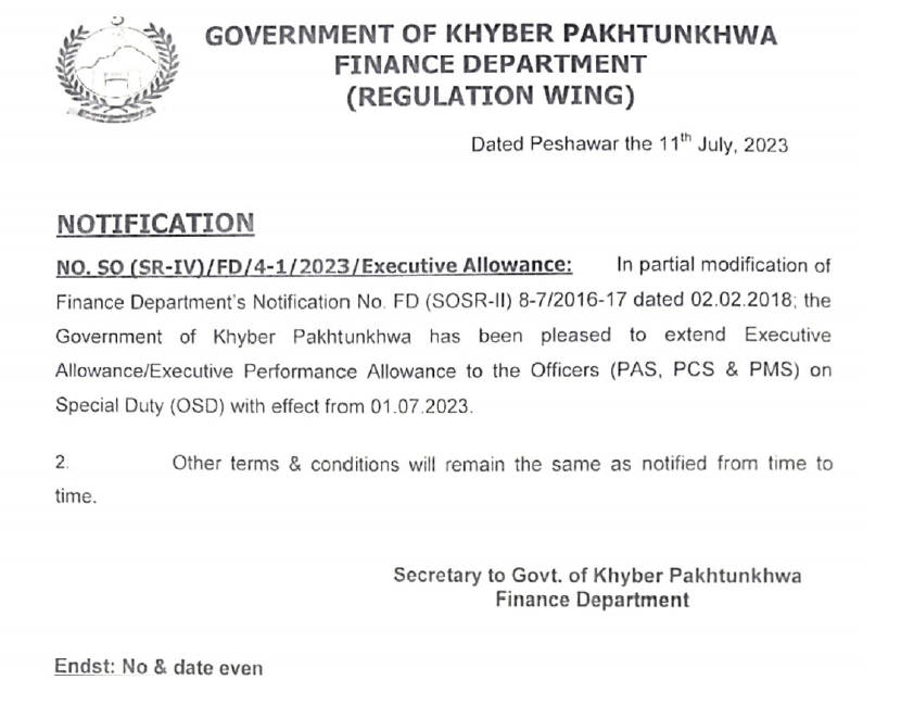 Notification Extension Executive Allowance /Executive Performance Allowance KP 2023