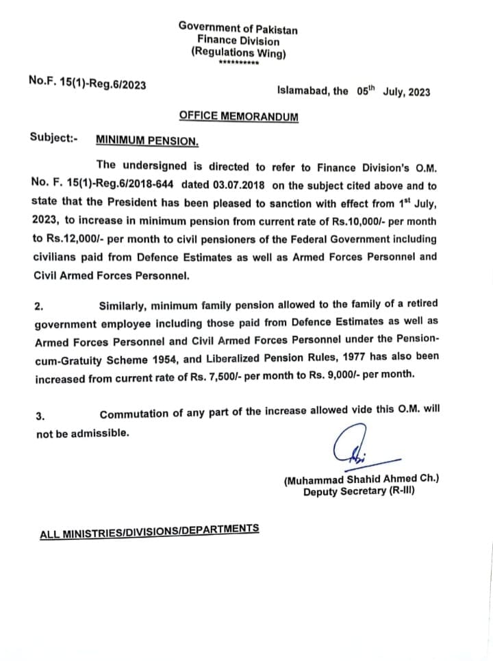 Notification of Increase in Minimum Pension and Family Pension 2023 Federal