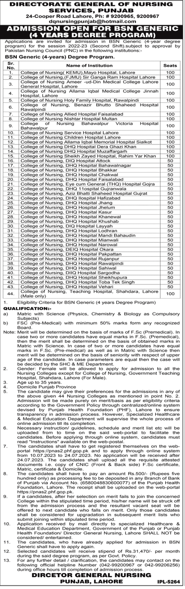 Admission BSN Generic 04 Years Degree Program 2023