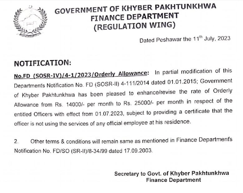 Revised Rates of Orderly Allowance 2023 KP • Galaxy World