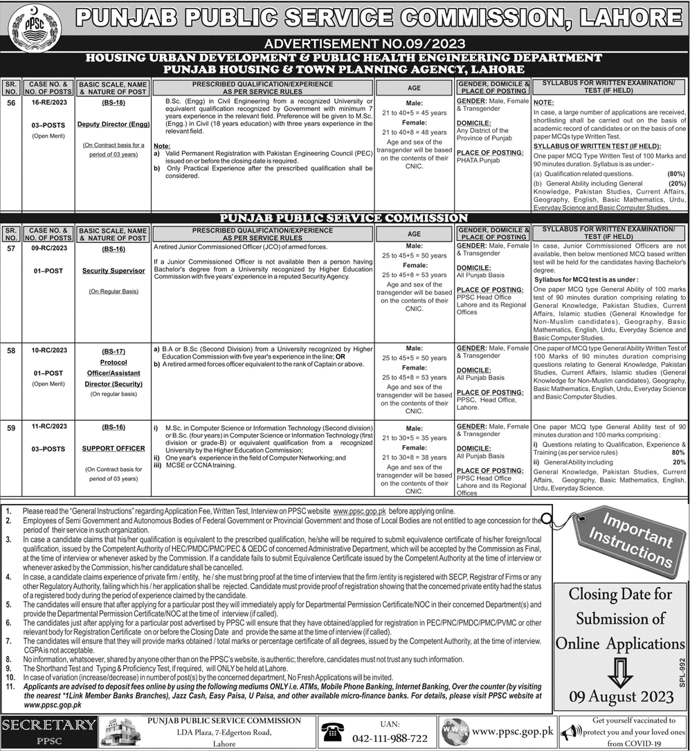 PPSC Job Vacancies Ad No. 09 of 2023