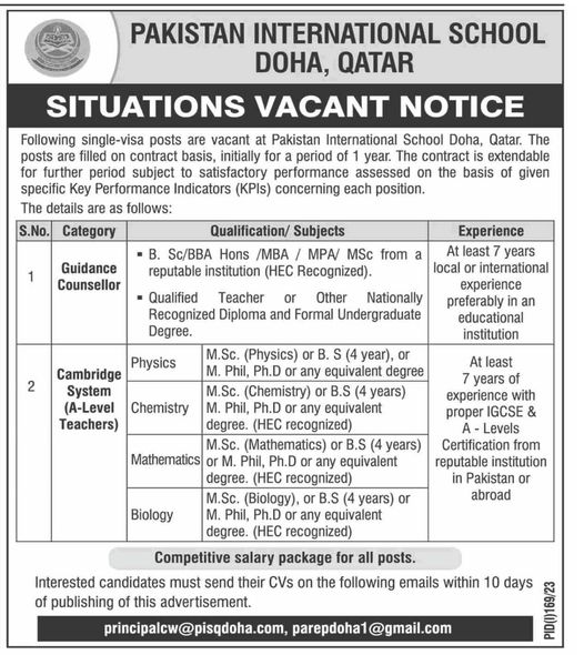 Pakistan International School Doha Qatar Teaching and Non-Teaching Vacancies