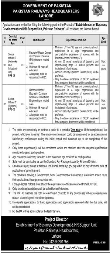 Pakistan Railways Headquarter Vacancies 2023