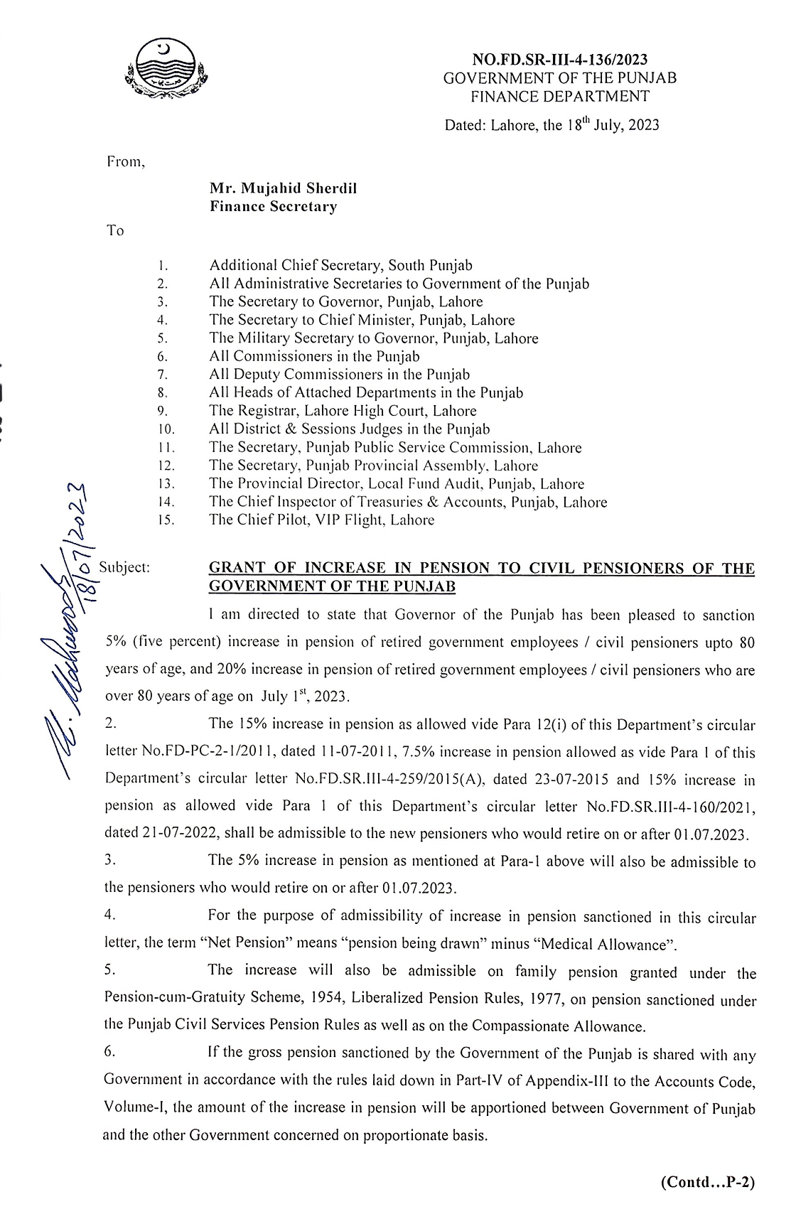 Notification Increase in Pension Punjab 2023 @ 5% of Net Pension