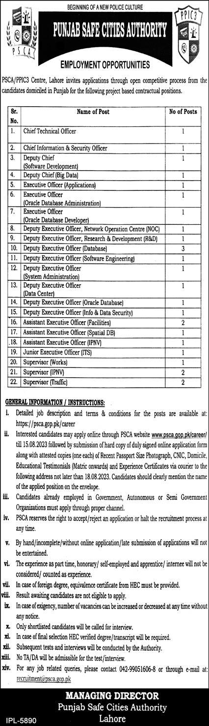 New Vacancies in Punjab Safe Cities Authority Centre (PSCA) 2023