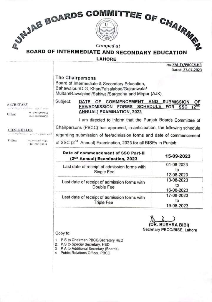 Schedule of Fee Admission Forms for SSC 2nd Annual Exams 2023 Punjab