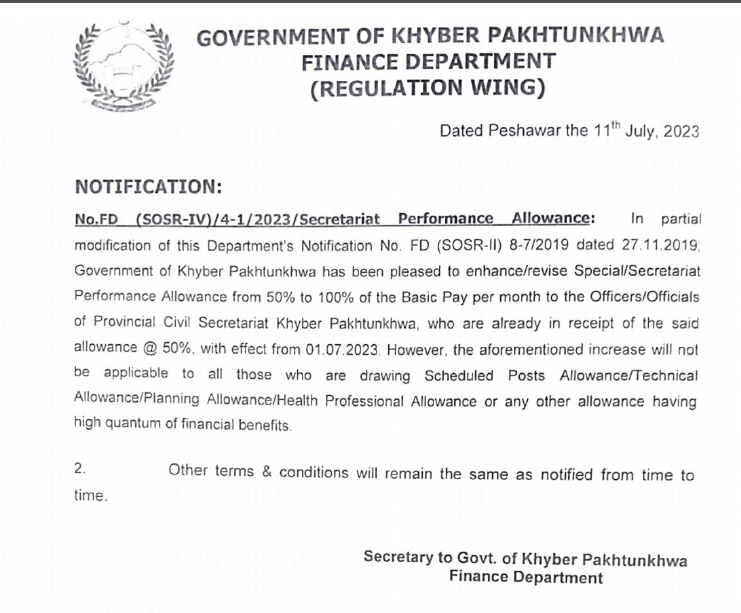 Notification Revised Special Secretariat Performance Allowance 2023 KP 50% to 100%