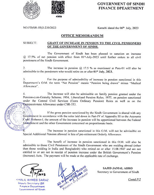 Sindh Govt Notification Increase in Pension 2023
