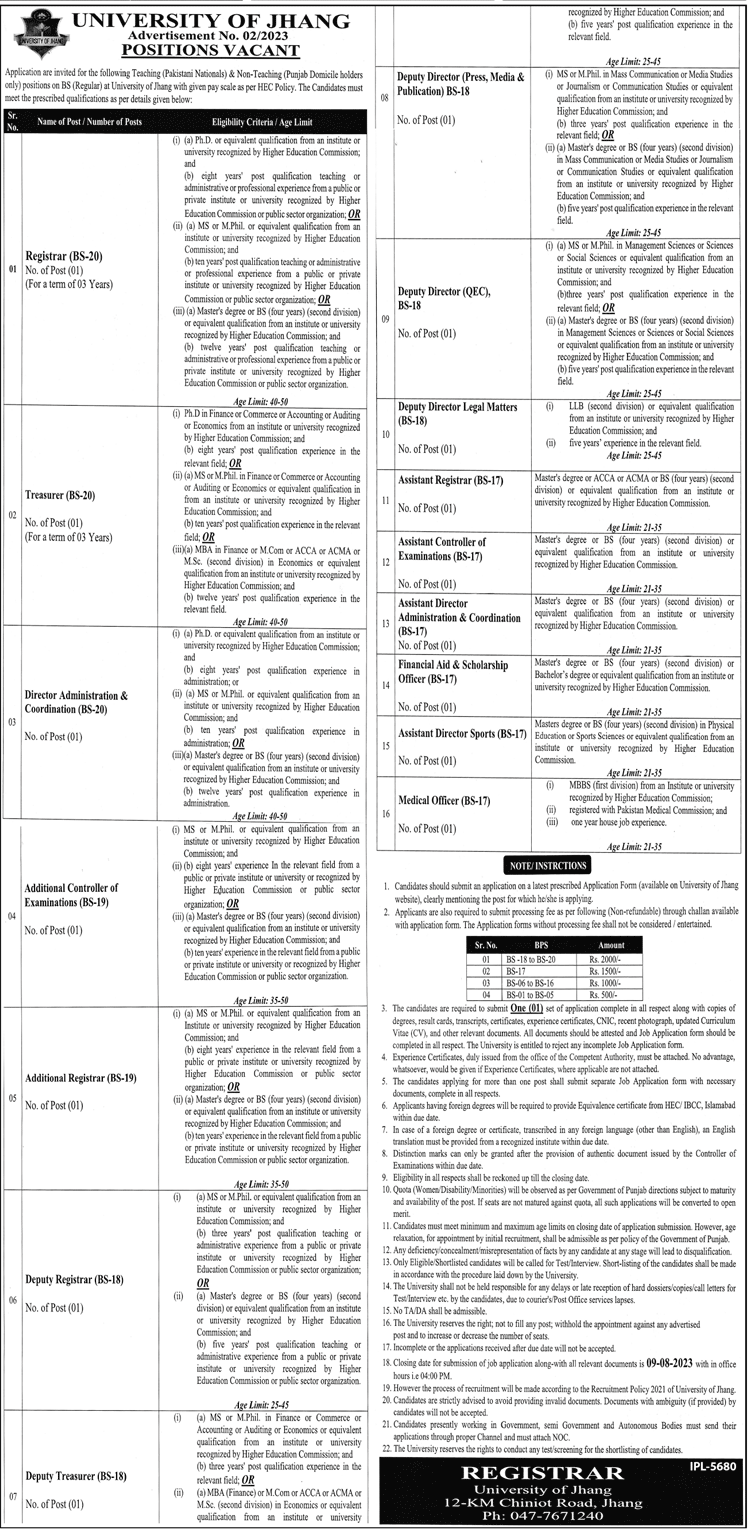 Teaching and Non-Teaching Vacancies in University of Jhang July 2023