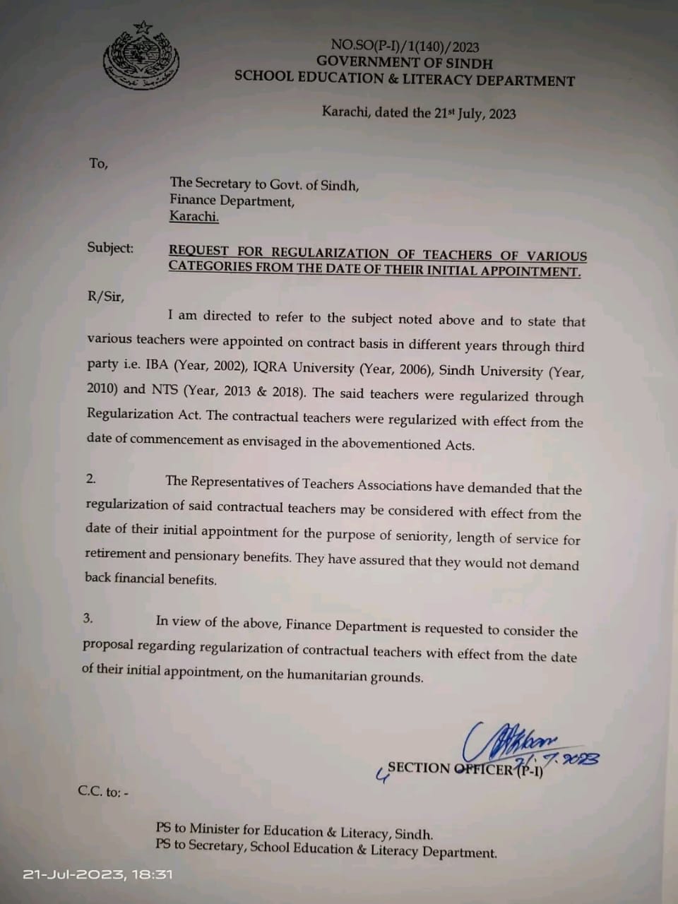 Updates of Regularization of Teachers wef Date of Initial Appointment in Sindh