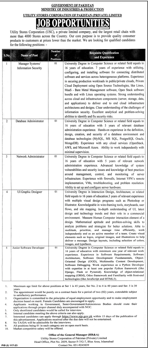 Utility Stores Corporation of Pakistan (USC) Ministries of Industries and Production Vacancies