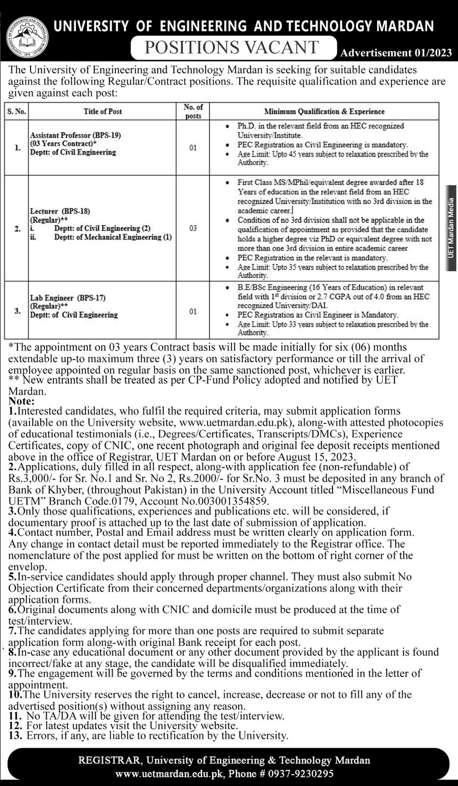 Vacancies in University of Engineering and Technology (UET) Mardan