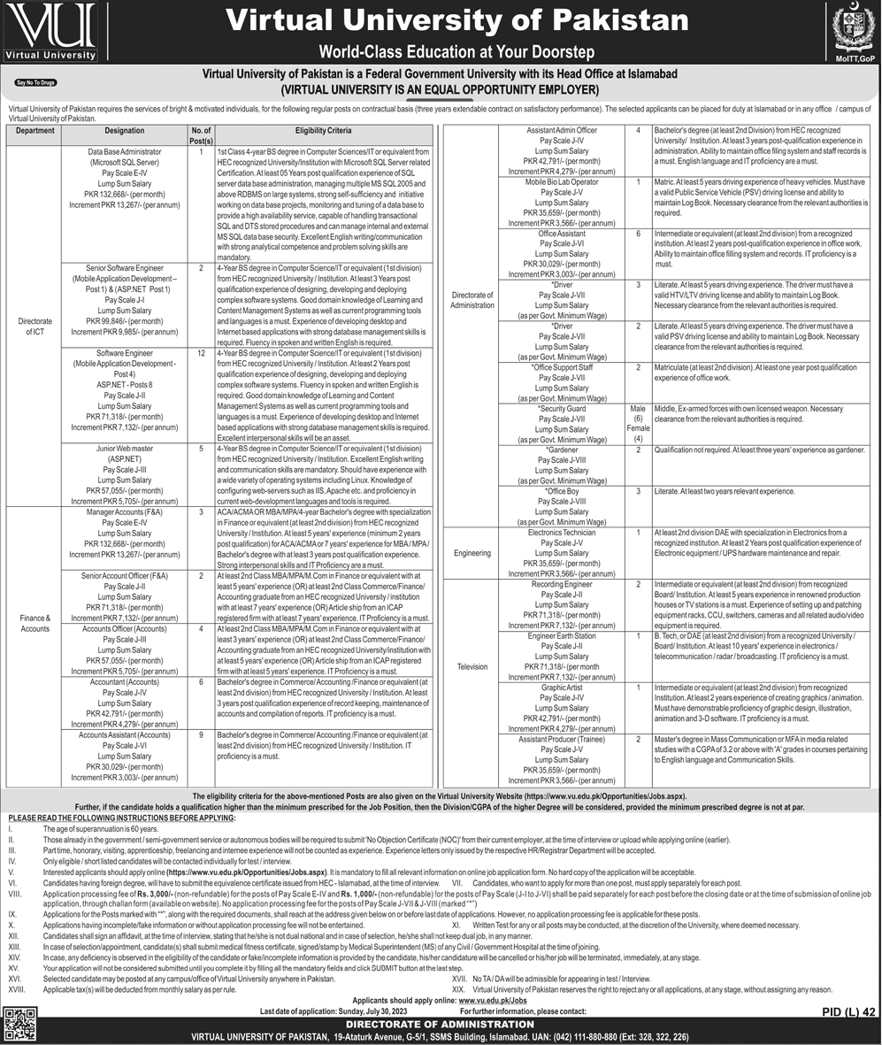 Virtual University of Pakistan (VU) Job Vacancies July 2023