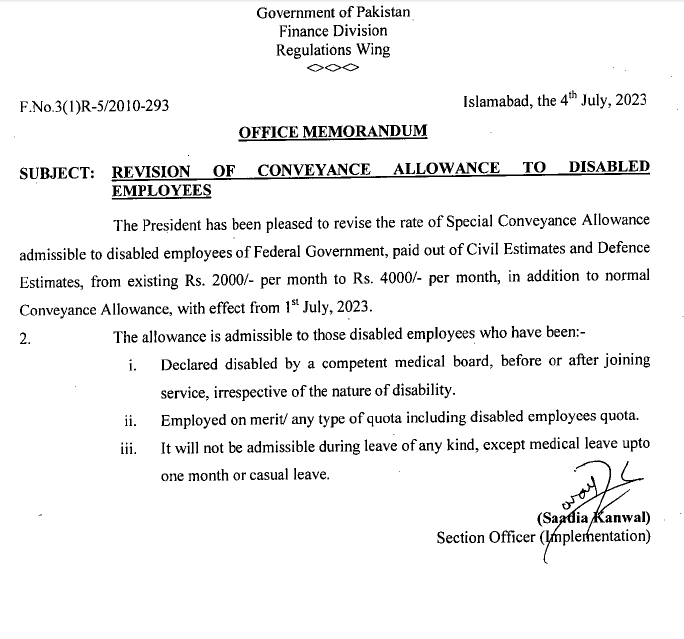 Notification Revision of Conveyance Allowance 2023 Federal to Disable Employees