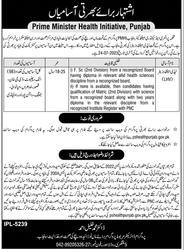 Charge Nurses and LHV Vacancies Health Department Punjab 2023