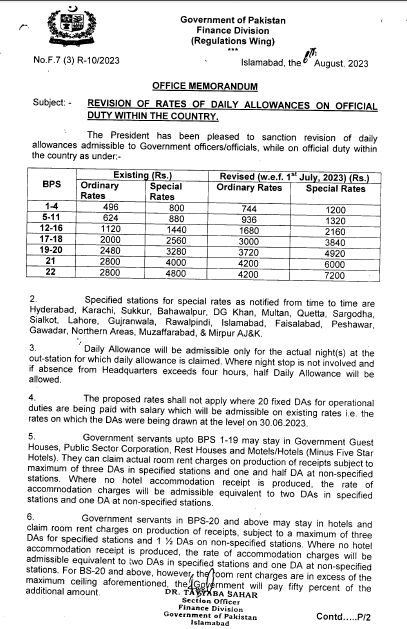 Notification Revised Rates of Daily Allowance 2023 Federal