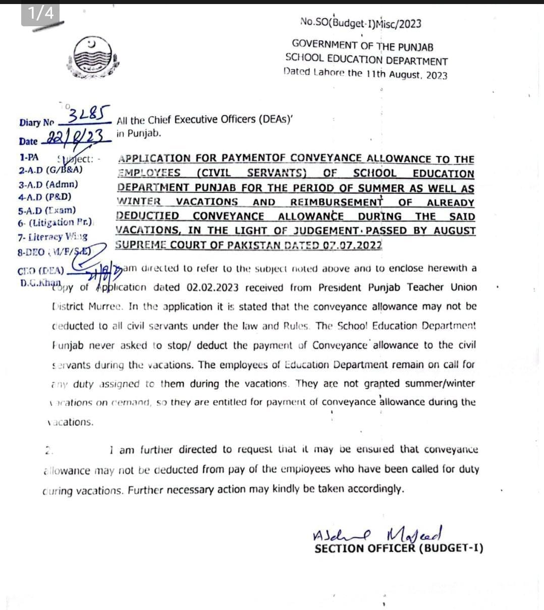 Conveyance Allowance for Teachers during Holidays SED Punjab