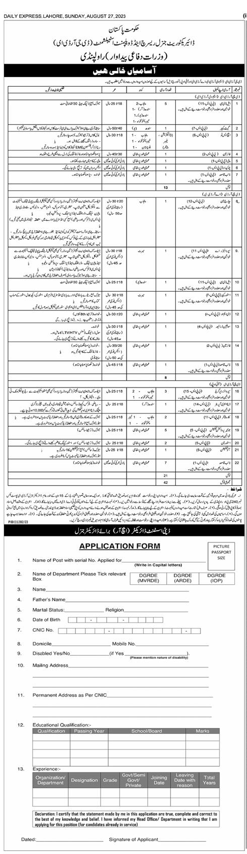 DGRDE Ministry of Defence Production Rawalpindi Vacancies 2023