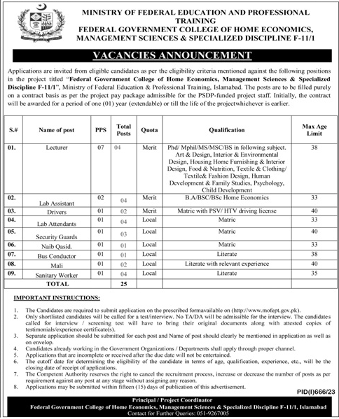 Latest Vacancies in Federal Government College of HE, MS and SD