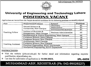 Latest Vacancies in UET Lahore Aug 2023