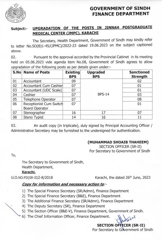 Notification Upgradation of Accountant, Steno etc in Health Department Sindh