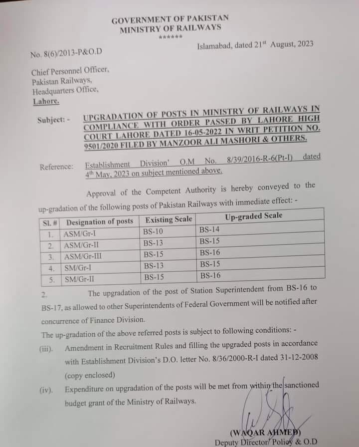 Notification Upgradation of Various Posts Pakistan Railways 2023