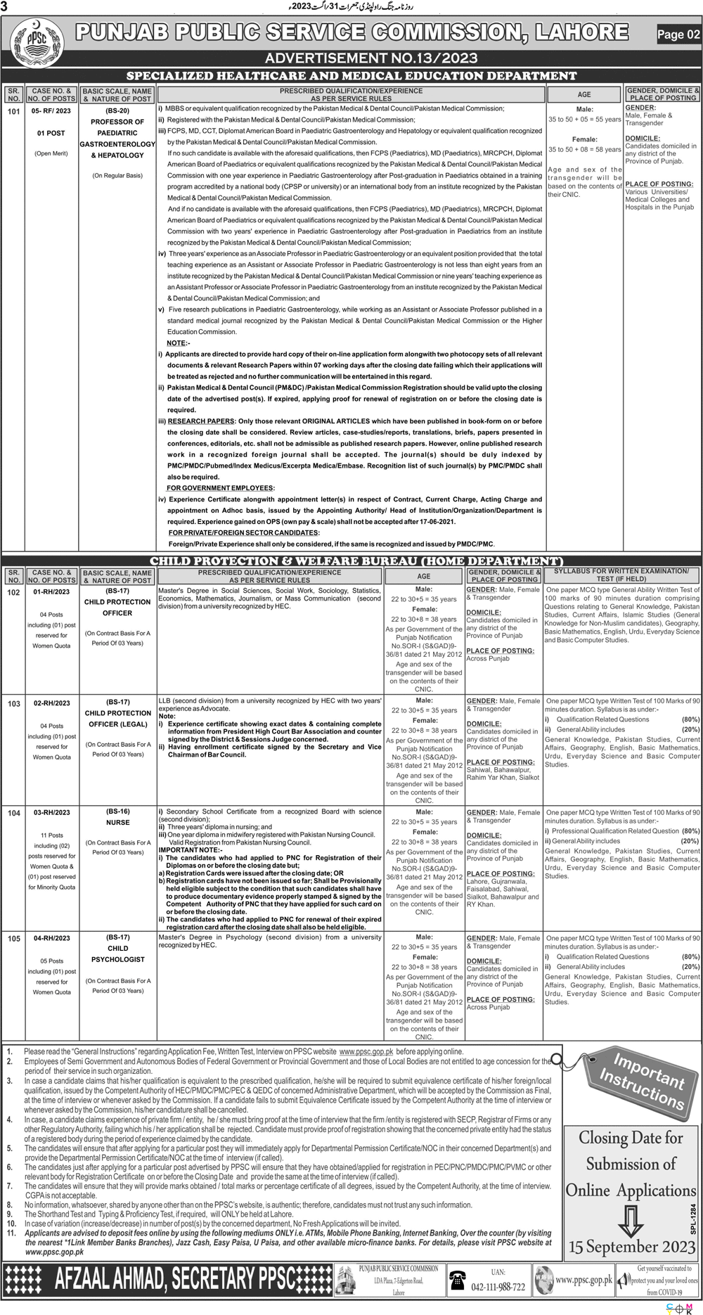 PPSC jobs Ad No. 13 of 2023