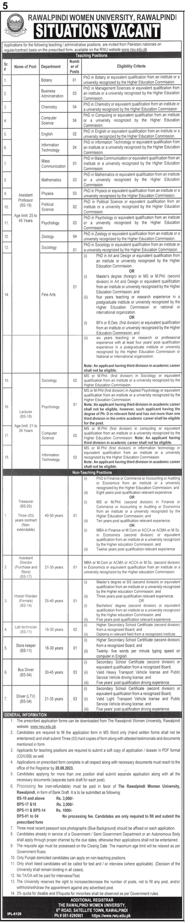 Rawalpindi Women University Vacancies Aug 2023