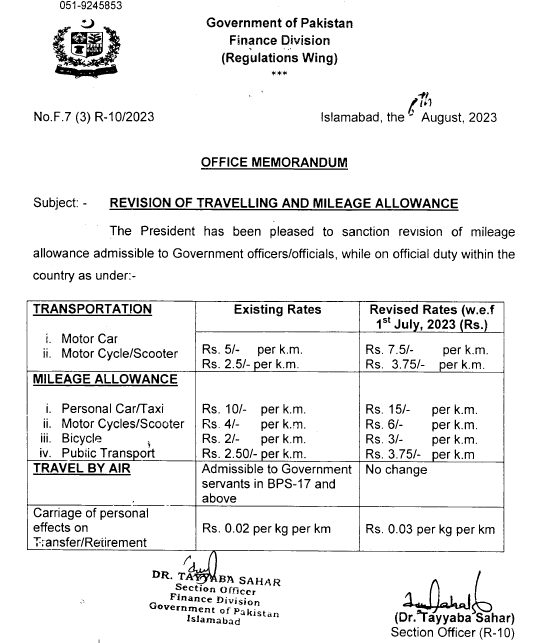 Notification of Revised Rates 2023 Travelling and Mileage Allowance