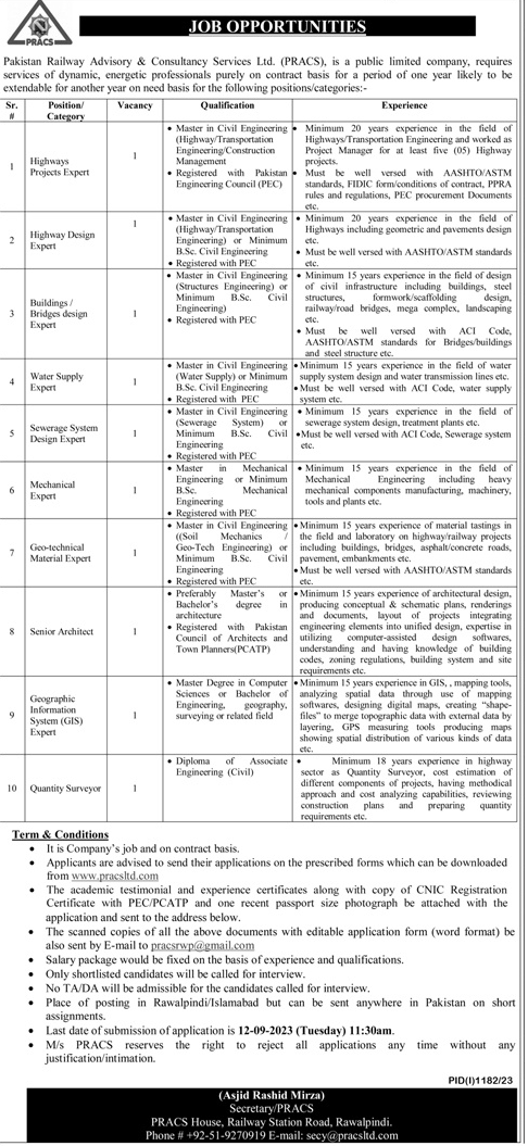 Vacancies in Pakistan Railway Advisory & Consultancy Service Limited (PRACS) 2023