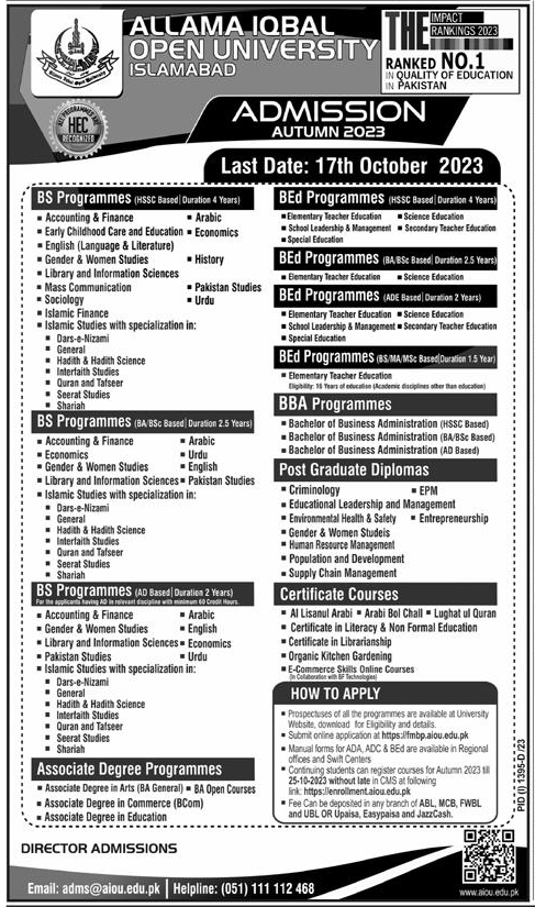 AIOU Islamabad Admission Open Autumn 2023